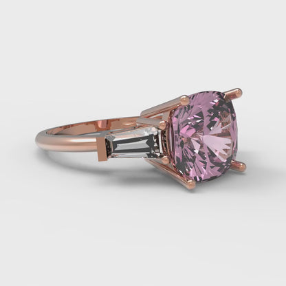 3 cttw Zirconia Simulated Pink Diamond Three-Stone Engagement Ring - Solid Gold (VVS1, Cushion Cut,8.0mm)