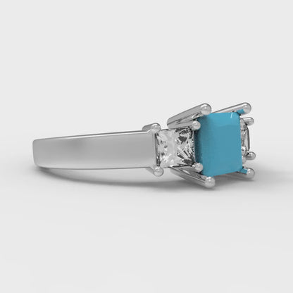 1.11 cttw Simulated Turquoise Three-Stone Engagement Ring - Solid White Gold (VVS1, Princess Cut,5.0mm)