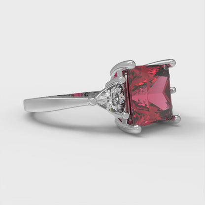 2.32 cttw Simulated Ruby Three-Stone Engagement Ring - Solid White Gold (VVS1, Princess Cut,7.0mm)
