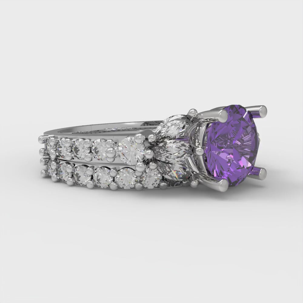 2.94 cttw Round Cut Simulated Alexandrite Bridal Set - Solid White Gold Engagement Ring & Wedding Band