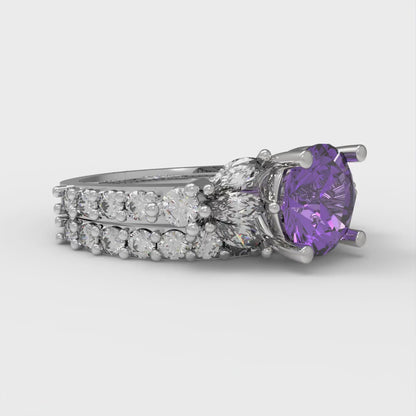 2.94 cttw Round Cut Simulated Alexandrite Bridal Set - Solid White Gold Engagement Ring & Wedding Band