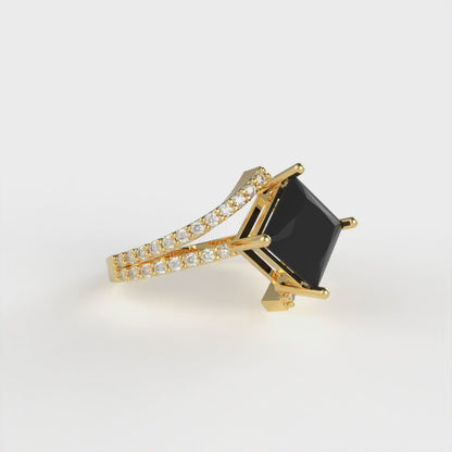 2.3075 cttw Natural Onyx Solitaire with Zirconia Simulated Diamond Accents Engagement Ring - Solid Yellow Gold (VVS1, Princess Cut,7.0mm)