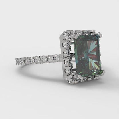 1.86 cttw Blue Moissanite Hidden Halo Engagement Ring - Solid Gold (Emerald Cut,7.5x5.5mm)