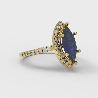 2.38 cttw Simulated Blue Sapphire Hidden Halo Engagement Ring - Solid Gold (Marquise Cut,12x6mm )