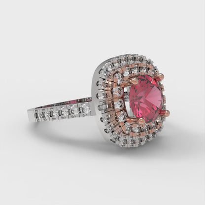 1.615 cttw Simulated Pink Tourmaline Solitaire with Zirconia Simulated Diamond Accents Engagement Ring - Solid White/Rose Gold (VVS1, Round Cut,6.5mm)