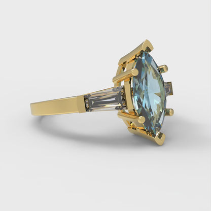 2 cttw Natural Swiss Blue Topaz Three-Stone Engagement Ring - Solid Gold (Marquise Cut,11x5.5mm)