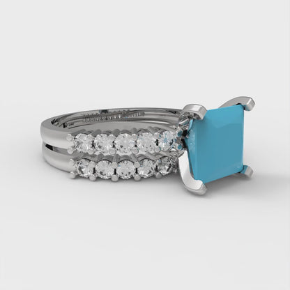 2.63 cttw Princess Cut Simulated Turquoise Bridal Set - Solid White Gold Engagement Ring & Wedding Band