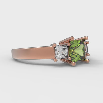 1.11 cttw Natural Peridot Three-Stone Engagement Ring - Solid Rose Gold (VVS1, Princess Cut,5.0mm)