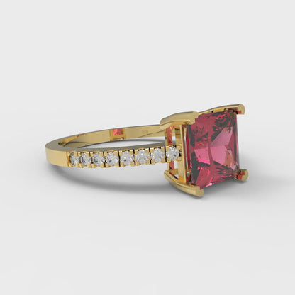1.62 cttw Simulated Ruby Solitaire with Zirconia Simulated Diamond Accents Engagement Ring - Solid Yellow Gold (VVS1, Princess Cut,6.5mm)