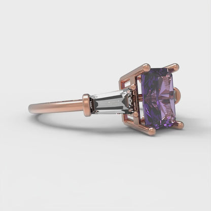 1.5 cttw Natural Amethyst Three-Stone Engagement Ring - Solid Gold (Emerald Cut,7.0x5.0mm)