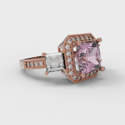 3.005 cttw Zirconia Simulated Pink Diamond Three-Stone Engagement Ring - Solid Rose Gold (VVS1, Princess Cut,7.0mm)