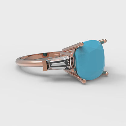 3 cttw Simulated Turquoise Three-Stone Engagement Ring - Solid Gold (Cushion Cut,8.0mm)