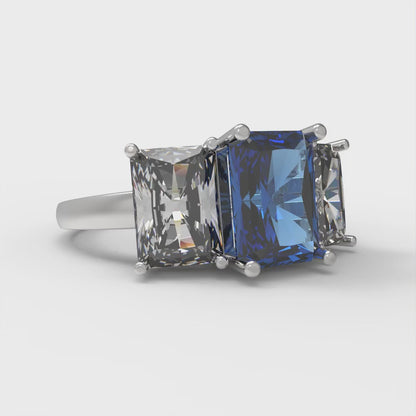 4 cttw Simulated Tanzanite Three-Stone Engagement Ring - Solid Gold (Emerald Cut,8x6mm)