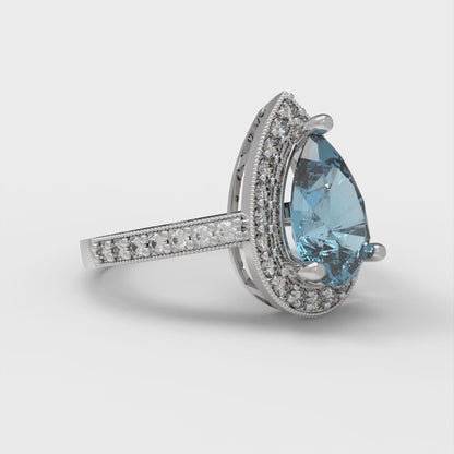 2.36 cttw Natural Aquamarine Hidden Halo Engagement Ring - Solid Gold (Pear Cut,10x7mm)