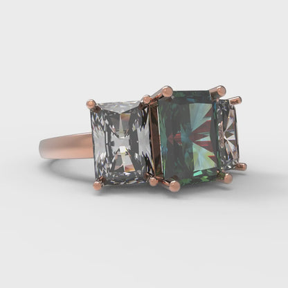 4 cttw Blue Moissanite Three-Stone Engagement Ring - Solid Gold (Emerald Cut,8x6mm)