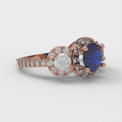 1.46 cttw Simulated Blue Sapphire Three-Stone Engagement Ring - Solid Rose Gold (VVS1, Round Cut,6.0mm)