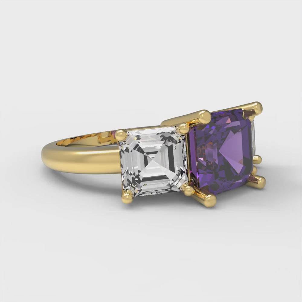 4 cttw Natural Amethyst Three-Stone Engagement Ring - Solid Gold (Square Emerald Cut,7.0X7.0mm)