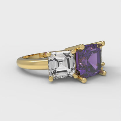 4 cttw Natural Amethyst Three-Stone Engagement Ring - Solid Gold (Square Emerald Cut,7.0X7.0mm)