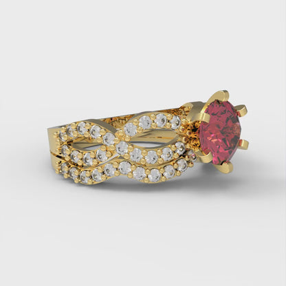 1.57 cttw Round Cut Simulated Pink Tourmaline Bridal Set - Solid Yellow Gold  Engagement Ring & Wedding Band