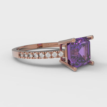 2.7 cttw Simulated Alexandrite Solitaire with Zirconia Simulated Diamond Accents Engagement Ring - Solid Rose Gold (VVS1, Asscher Cut,6.5mm)