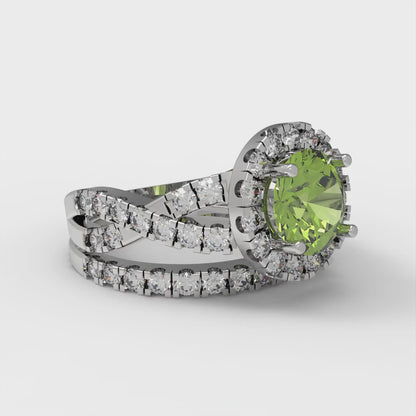 1.795 cttw Round Cut Natural Peridot Bridal Set - Solid White Gold Engagement Ring & Wedding Band