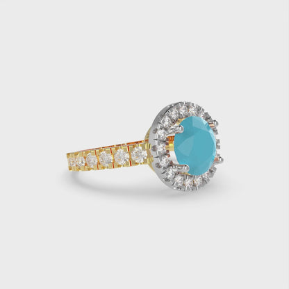 1.86 cttw Simulated Turquoise Hidden Halo Engagement Ring - Solid White/Yellow Gold (VVS1, Round Cut,7.5mm)