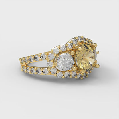 2.16 cttw Zirconia Simulated Yellow Diamond Three-Stone Engagement Ring - Solid Gold (VVS1, Round Cut,6.5mm)