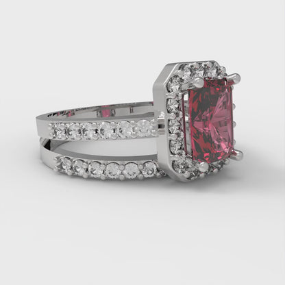 1.92 cttw Simulated Pink Tourmaline Solitaire with Zirconia Simulated Diamond Accents Engagement Ring - Solid White Gold (VVS1, Emerald Cut,7.5X5.5mm)