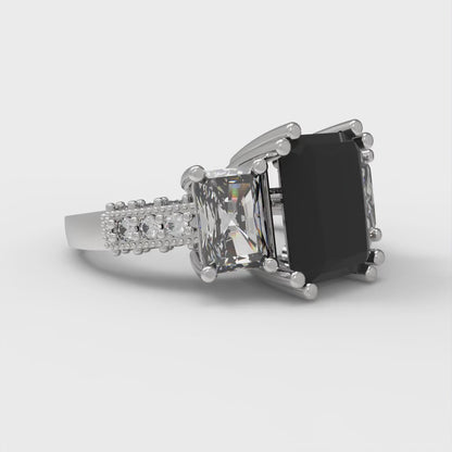4.27 cttw Natural Onyx Three-Stone Engagement Ring - Solid Gold (Emerald Cut,9x7mm)