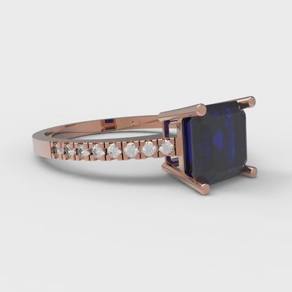 2.7 cttw Simulated Blue Sapphire Solitaire with Zirconia Simulated Diamond Accents Engagement Ring - Solid Gold (Asscher Cut,6.5mm)