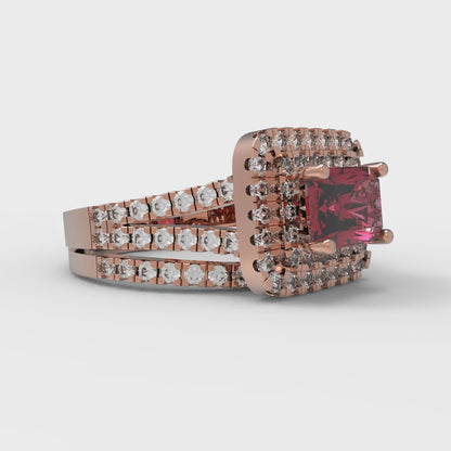 3.05 cttw Emerald Cut Natural Garnet Bridal Set - Solid Rose Gold Engagement Ring & Wedding Band