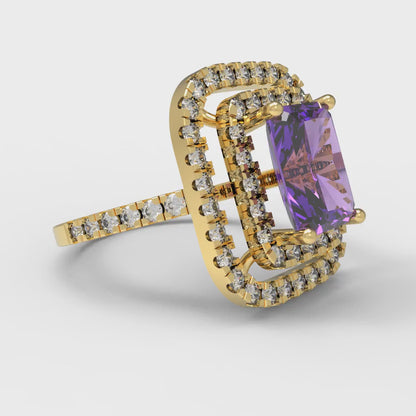 2.62 cttw Simulated Alexandrite Hidden Halo Engagement Ring - Solid Yellow Gold (VVS1, Emerald Cut,8X6.0mm)