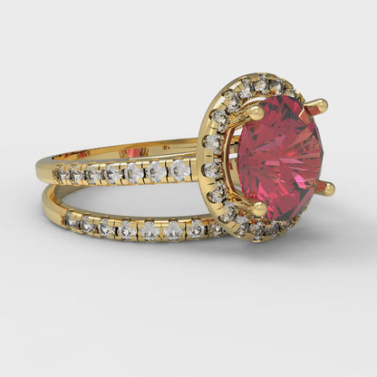 2.52 cttw Round Cut Simulated Pink Tourmaline Bridal Set - Solid Yellow Gold Engagement Ring & Wedding Band