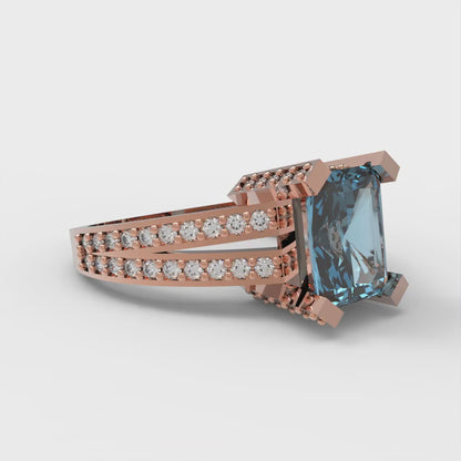 2.45 cttw Zirconia Simulated Blue Diamond Solitaire with Zirconia Simulated Diamond Accents Engagement Ring - Solid Rose Gold (VVS1, Emerald Cut,8x6mm)