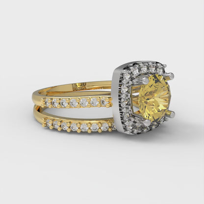 1.495 cttw Round Cut Natural Citrine Bridal Set - Solid Yellow/White Gold Engagement Ring & Wedding Band
