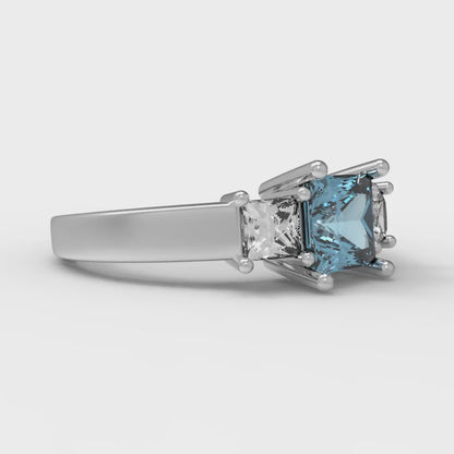 1.11 cttw Natural Sky Blue Topaz Three-Stone Engagement Ring - Solid White Gold (VVS1, Princess Cut,5.0mm)