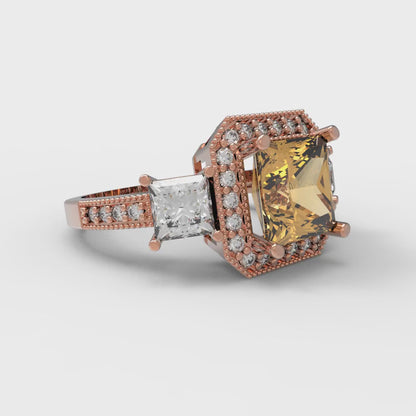 3.005 cttw Zirconia Simulated Champagne Diamond Three-Stone Engagement Ring - Solid Rose Gold (VVS1, Princess Cut,7.0mm)