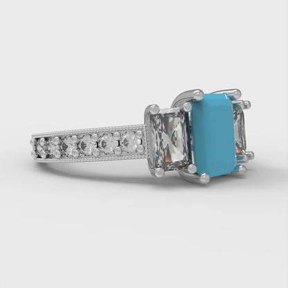 1.88 cttw Simulated Turquoise Three-Stone Engagement Ring - Solid White Gold (VVS1, Emerald Cut,7x5mm)