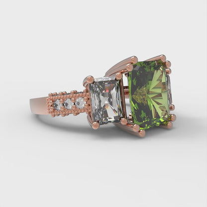 4.27 cttw Natural Peridot Three-Stone Engagement Ring - Solid Gold (Emerald Cut,9x7mm)