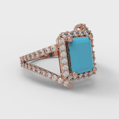 1.935 cttw Simulated Turquoise Solitaire with Zirconia Simulated Diamond Accents Engagement Ring - Solid Gold (Emerald Cut,7.5x5.5mm)