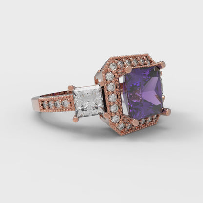3.005 cttw Natural Amethyst Three-Stone Engagement Ring - Solid Rose Gold (VVS1, Princess Cut,7.0mm)