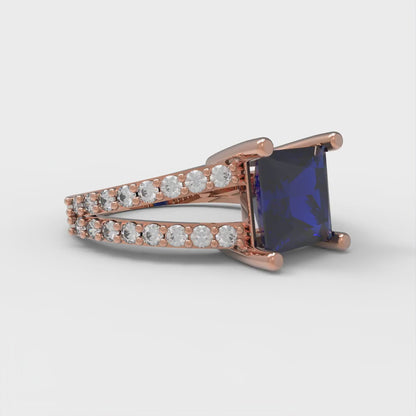 2.48 cttw Simulated Blue Sapphire Solitaire with Zirconia Simulated Diamond Accents Engagement Ring - Solid Gold (Princess Cut,7.0mm)