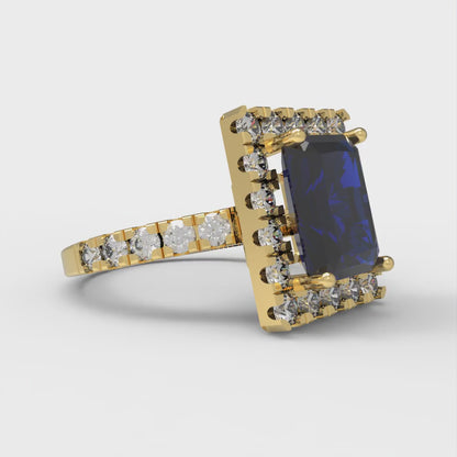 3.84 cttw Simulated Blue Sapphire Solitaire with Zirconia Simulated Diamond Accents Engagement Ring - Solid Gold (Emerald Cut,9x7mm)