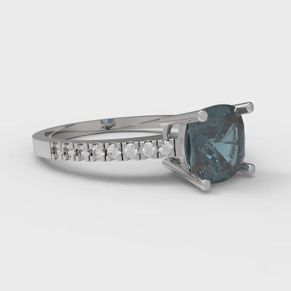 2.7 cttw Natural London Blue Topaz Solitaire with Zirconia Simulated Diamond Accents Engagement Ring - Solid Gold (Cushion Cut,6.5mm)