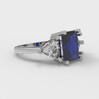 2.82 cttw Simulated Blue Sapphire Three-Stone Engagement Ring - Solid Gold (Emerald Cut,8x6mm)