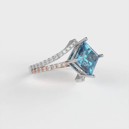 2.3075 cttw Zirconia Simulated Blue Diamond Solitaire with Zirconia Simulated Diamond Accents Engagement Ring - Solid White/Rose Gold (VVS1, Princess Cut,7.0mm)