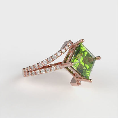 2.3075 cttw Natural Peridot Solitaire with Zirconia Simulated Diamond Accents Engagement Ring - Solid Rose Gold (VVS1, Princess Cut,7.0mm)