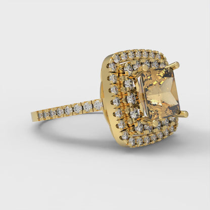 2.07 cttw Zirconia Simulated Champagne Diamond Hidden Halo Engagement Ring - Solid Yellow Gold (VVS1, Princess Cut,6.5mm)