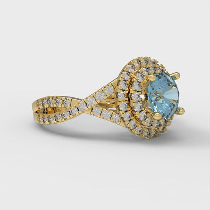 1.3125 cttw Zirconia Simulated Blue Diamond Hidden Halo Engagement Ring - Solid Gold (VVS1, Round Cut,6mm)