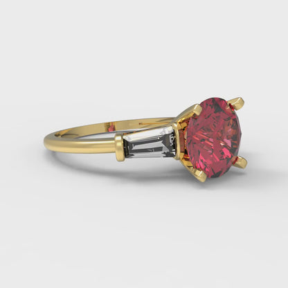 2 cttw Simulated Ruby Three-Stone Engagement Ring - Solid Yellow Gold (VVS1, Round Cut,7.5mm)